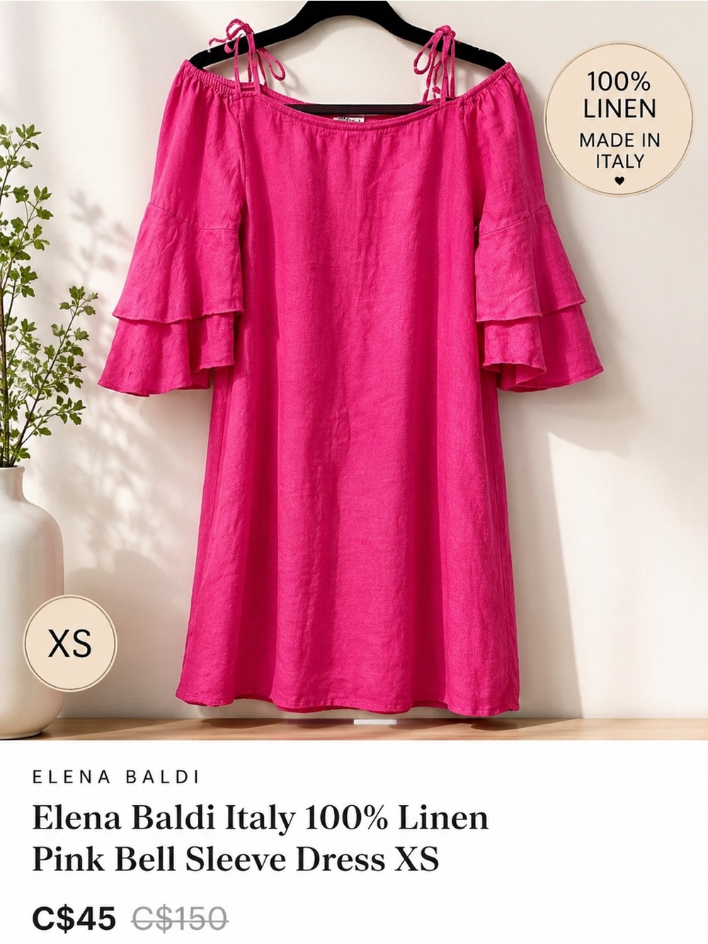 Elena Baldi Italy 100% Linen Pink Bell Sleeve Dress XS
